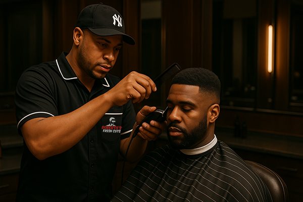A barber cutting a client's hair at Roberto's Fresh Cuts