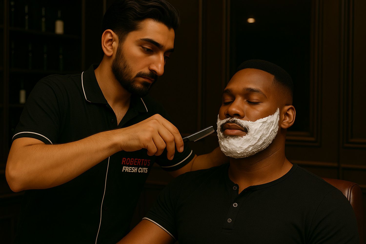 A barber at Roberto's Fresh Cuts giving a client a traditional shave