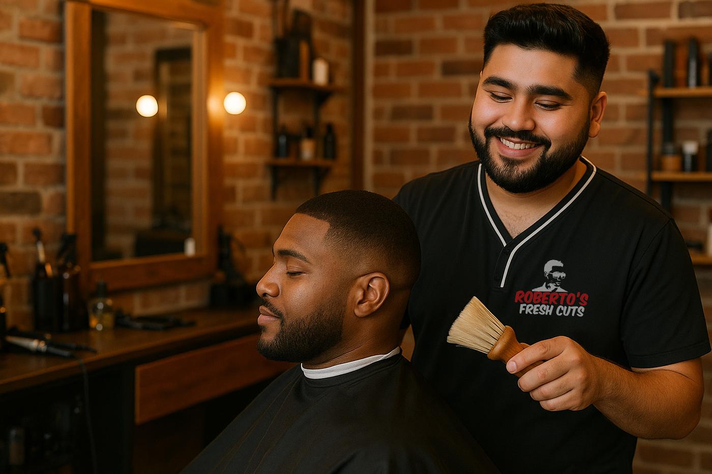A barber finishing a client's cut at Roberto's Fresh Cuts