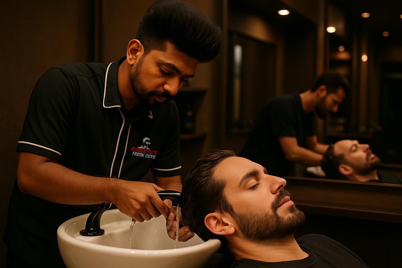 A client getting a hair wash at Roberto's Fresh Cuts